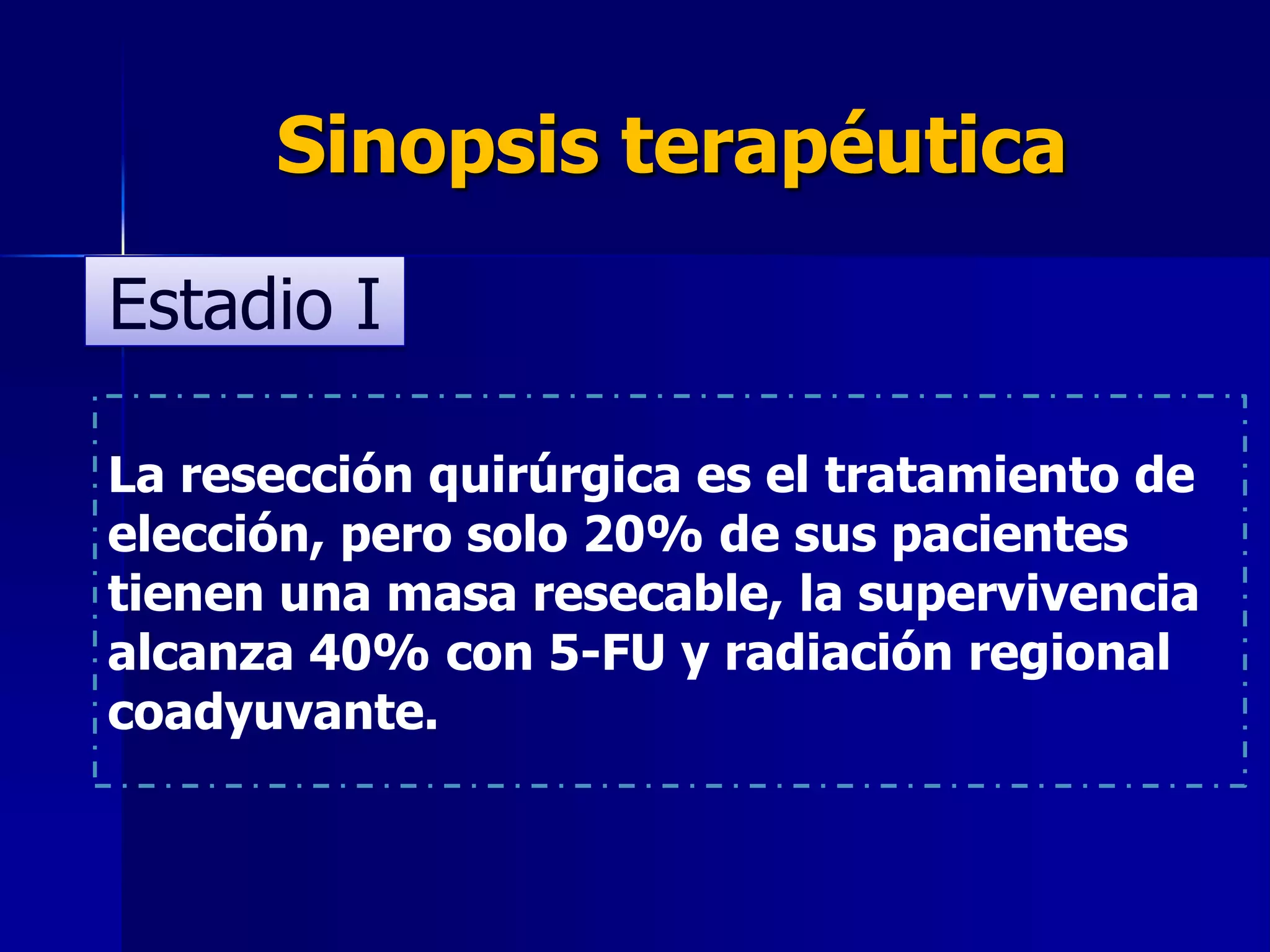 Sinopsis terapéutica
Estadio I
La resección quirúrgica es el tratamiento de
elección, pero solo 20% de sus pacientes
tienen una masa resecable, la supervivencia
alcanza 40% con 5-FU y radiación regional
coadyuvante.

 