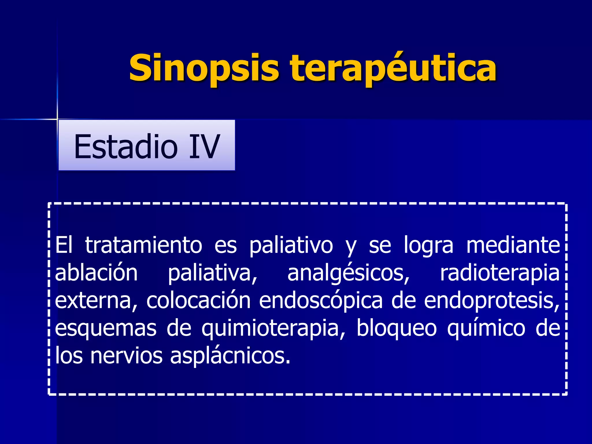 Sinopsis terapéutica
Estadio IV
El tratamiento es paliativo y se logra mediante
ablación paliativa, analgésicos, radioterapia
externa, colocación endoscópica de endoprotesis,
esquemas de quimioterapia, bloqueo químico de
los nervios asplácnicos.

 