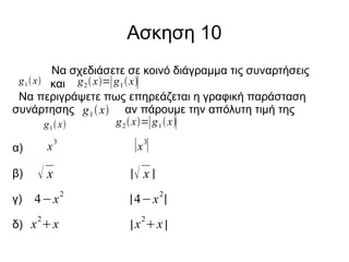 Ασκηση 10
Να σχεδιάσετε σε κοινό διάγραμμα τις συναρτήσεις
g 1  x και g 2  x=∣ g 1  x
∣
Nα περιγράψετε πως επηρεάζεται η γραφική παράσταση
συνάρτησης g 1  x αν πάρουμε την απόλυτη τιμή της
g 2  x=∣ g 1  x∣
g 1  x
α)

x

β)

3

∣x 3∣

x

γ)

4−x
2

δ) x x

| x |
2

2

| 4−x |
2

| x x |

 