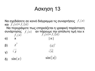 Ασκηση 13
Να σχεδιάσετε σε κοινό διάγραμμα τις συναρτήσεις f 1  x
και f 2  x= f 1 ∣x∣
Nα περιγράψετε πως επηρεάζεται η γραφική παράσταση
συνάρτησης f 1  x αν πάρουμε την απόλυτη τιμή του x
f 2  x= f 1 ∣x∣
f 1  x
α)
x
|x|
β)

χ

γ)

3

χ

δ)

sin x 

3

∣x∣

 ∣x∣
sin∣ x∣

 