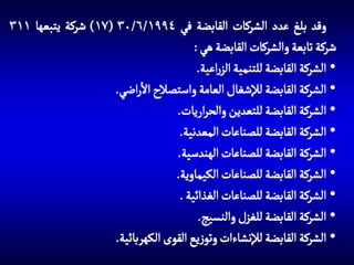 ‫وقد بلغ عدد الشركات القابضة في 4991/6/03 (71) شركة يتبعها 113‬
‫شركة تابعة والشركات القابضة هي :‬
‫• الشركة القابضة للتنمية الزراعية.‬
‫• الشركة القابضة لإلشغال العامة واستصالح االراضي.‬
‫• الشركة القابضة للتعدين والحراريات.‬
‫• الشركة القابضة للصناعات المعدنية.‬
‫• الشركة القابضة للصناعات الهندسية.‬
‫• الشركة القابضة للصناعات الكيماوية.‬
‫• الشركة القابضة للصناعات الغذائية .‬
‫• الشركة القابضة للغزل والنسيج.‬
‫• الشركة القابضة لإلنشاءات وتوزيع القوى الكهربائية.‬

 