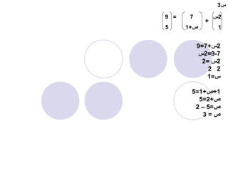‫س3‬
‫2س‬
‫1‬

‫+‬

‫7‬
‫ص+1‬

‫2س+7=9‬
‫7-9=2س‬
‫2س = 2‬
‫2 2‬
‫س=1‬
‫1+ص+1=5‬
‫ص+2=5‬
‫ص=5 – 2‬
‫ص=3‬

‫= 9‬
‫5‬

 