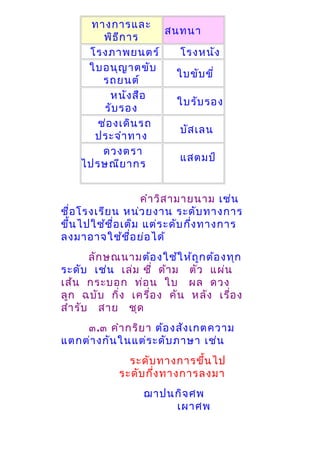 ทางการและ
สนทนา
พิธ ีก าร
โรงภาพยนตร์
โรงหนัง
ใบอนุญ าตขับ
ใบขับ ขี่
รถยนต์
หนัง สือ
ใบรับ รอง
รับ รอง
ช่อ งเดิน รถ
บัส เลน
ประจำา ทาง
ดวงตรา
แสตมป์
ไปรษณีย ากร
คำา วิส ามายนาม เช่น
ชื่อ โรงเรีย น หน่ว ยงาน ระดับ ทางการ
ขึ้น ไปใช้ช ื่อ เต็ม แต่ร ะดับ กึง ทางการ
่
ลงมาอาจใช้ช ื่อ ย่อ ได้
ลัก ษณนามต้อ งใช้ใ ห้ถ ูก ต้อ งทุก
ระดับ เช่น เล่ม ซี่ ด้า ม ตัว แผ่น
เส้น กระบอก ท่อ น ใบ ผล ดวง
ลูก ฉบับ กิง เครื่อ ง คัน หลัง เรือ ง
่
่
สำา รับ สาย ชุด
๓.๓ คำา กริย า ต้อ งสัง เกตความ
แตกต่า งกัน ในแต่ร ะดับ ภาษา เช่น
ระดับ ทางการขึ้น ไป
ระดับ กึง ทางการลงมา
่
ฌาปนกิจ ศพ
เผาศพ

 