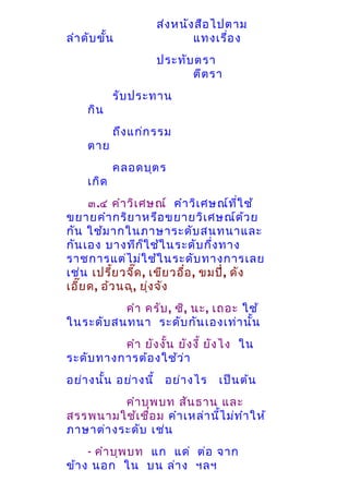 ลำา ดับ ขัน
้

ส่ง หนัง สือ ไปตาม
แทงเรือ ง
่
ประทับ ตรา
ตีต รา

กิน
ตาย
เกิด

รับ ประทาน
ถึง แก่ก รรม
คลอดบุต ร

๓.๔ คำา วิเ ศษณ์ คำา วิเ ศษณ์ท ใ ช้
ี่
ขยายคำา กริย าหรือ ขยายวิเ ศษณ์ด ้ว ย
กัน ใช้ม ากในภาษาระดับ สนทนาและ
กัน เอง บางทีก ็ใ ช้ใ นระดับ กึ่ง ทาง
ราชการแต่ไ ม่ใ ช้ใ นระดับ ทางการเลย
เช่น เปรีย วจีด , เขีย วอื๋อ , ขมปี๋, ดัง
้
๊
เอี๊ย ด, อ้ว นฉุ, ยุง จัง
่
คำา ครับ , ซิ, นะ, เถอะ ใช้
ในระดับ สนทนา ระดับ กัน เองเท่า นั้น
คำา ยัง งั้น ยัง งี้ ยัง ไง ใน
ระดับ ทางการต้อ งใช้ว ่า
อย่า งนั้น อย่า งนี้ อย่า งไร

เป็น ต้น

คำา บุพ บท สัน ธาน และ
สรรพนามใช้เ ชือ ม คำา เหล่า นี้ไ ม่ท ำา ให้
่
ภาษาต่า งระดับ เช่น
- คำา บุพ บท แก แด่ ต่อ จาก
ข้า ง นอก ใน บน ล่า ง ฯลฯ

 