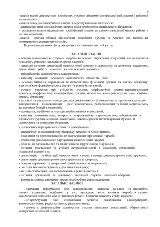 10
- аналіз якості діагностики злоякісних пухлини лікарями центральної рай лікарні ( районної
поліклініки );
- аналіз стану диспансеризації хворих з передпухлинною патологією;
- диспансеризація онкологічних хворих після проведення спеціального лікування;
- складання планів підвищення кваліфікації лікарів загально-лікувальної мережі району з
питань онкології;
- аналіз
причин пізньої діагностики злоякісних пухлин та розгляд цих питань на
протиракових експертних комісіях
Відповідно до вимог фаху лікар-онколог повинен знати й уміти:
ЗАГАЛЬНІ ЗНАННЯ
- основи законодавства охорони здоров'я та основні директивні документи, що визначають
діяльність установ і закладів охорони здоров'я;
- загальні питання організації онкологічної допомоги дорослому та дитячому населенню,
організацію роботи швидкої та невідкладної допомоги;
- епідеміологію онкологічних захворювань;
- клінічну анатомію основних анатомічних областей тіла;
- основні питання нормальної та патологічної фізіології органів та систем організму,
взаємозв'язок функціональних систем та рівнів їх регуляції;
- сучасні уявлення про етіологію пухлин, морфологічні прояви передпухлинних
процесів, морфологічну класифікацію пухлин, механізми канцерогенезу на рівні клітини,
органу, організму;
- загальні та спеціальні методи дослідження в онкології, показання та протипоказання до
використання ендоскопічних, рентгенологічних, радіоізотопних та інших методів, роль
та значення біопсії в онкології;
- принципи, прийоми та методи знеболювання в онкології;
- клінічну симптоматику, макро- та мікроскопічну характеристику доброякісних та
злоякісних пухлин основних локалізацій, закономірності метастазування пухлин, їх
діагностику та принципи лікування;
- діагностику передракових станів та захворювань;
- специфічну та неспецифічну лікарську терапію та хіміотерапію;
- показання та протипоказання до застосування променевої терапії;
- принципи раціонального харчування онкологічних хворих;
- покази до радикального та паліативного хірургічного лікування;
- питання тимчасової та стійкої непрацездатності в онкології, організацію
лікарської експертизи;
- організацію реабілітації онкологічних хворих в процесі диспансерного спостереженні;
- організацію диспансерного спостереження за хворими;
- основи первинної та вторинної профілактики захворювань;
- методи масового скринінгу для виявлення раку;
- методи статистики, що застосовують в роботі онколога;
- питання організації та діяльності медичної служби цивільної оборони;
- форми та методи санітарно-просвітньої роботи серед населення.
ЗАГАЛЬНІ НАВИКИ
- одержати інформацію про захворювання, виявити загальні та специфічні
ознаки ураження, особливо у тих випадках, коли виникає потреба в наданні
невідкладної допомоги або інтенсивної терапії. Оцінити важкість стану хворого;
- інтерпретувати
дані
спеціальних
методів
дослідження
(лабораторних,
рентгенологічних, радіоізотопних, ендоскопічних);
- провести диференційну діагностику пухлин загальних локалізацій, обґрунтувати
попередній клінічний діагноз;

 