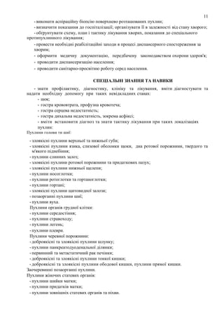 11
- виконати аспіраційну біопсію поверхнево розташованих пухлин;
- визначити показання до госпіталізації; організувати її в залежності від стану хворого;
- обґрунтувати схему, план і тактику лікування хворих, показання до спеціального
протипухлинного лікування;
- провести необхідні реабілітаційні заходи в процесі диспансерного спостереження за
хворим;
- оформити медичну документацію, передбачену законодавством охорони здоров'я;
- проводити диспансеризацію населення;
- проводити санітарно-просвітню роботу серед населення.
СПЕЦІАЛЬНІ ЗНАННЯ ТА НАВИКИ
- знати профілактику, діагностику, клініку та лікування, вміти діагностувати та
надати необхідну допомогу при таких невідкладних станах:
- шок;
- гостра крововтрата, профузна кровотеча;
- гостра серцева недостатність;
- гостра дихальна недостатність, зокрема асфіксі;
- вміти встановити діагноз та знати тактику лікування при таких локалізаціях
пухлин:
Пухлини голови ти шиї:

- злоякісні пухлини верхньої та нижньої губи;
- злоякісні пухлини язика, слизової оболонки щоки, дна ротової порожнини, твердого та
м'якого піднебіння;
- пухлини слинних залоз;
- злоякісні пухлини ротової порожнини та придаткових пазух;
- злоякісні пухлини нижньої щелепи;
- пухлини носоглотки;
- пухлини ротоглотки та гортаноглотки;
- пухлини гортані;
- злоякісні пухлини щитовидної залози;
- позаорганні пухлини шиї;
- пухлини вуха.
Пухлини органів грудної клітки:
- пухлини середостіння;
- пухлини стравоходу;
- пухлини легень;
- пухлини плеври.
Пухлини черевної порожнини:
- доброякісні та злоякісні пухлини шлунку;
- пухлини панкреатодуоденальної ділянки;
- первинний та метастатичний рак печінки;
- доброякісні та злоякісні пухлини тонкої кишки;
- доброякісні та злоякісні пухлини ободової кишки, пухлини прямої кишки.
Заочеревинні позаорганні пухлини.
Пухлини жіночих статевих органів:
- пухлини шийки матки;
- пухлини придатків матки;
- пухлини зовнішніх статевих органів та піхви.

 