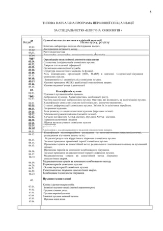 5
ТИПОВА НАВЧАЛЬНА ПРОГРАМА ПЕРВИННОЇ СПЕЦІАЛІЗАЦІЇ
ЗА СПЕЦІАЛЬНІСТЮ «КЛІНІЧНА ОНКОЛОГІЯ «

Коди05
05.01
05.02
05.03.
1
05.04
05.05
01
05.06.
01.01.
05.07.
01.02.
05.08.
01.03.
05.09.
01.04.
05.10.
01.05.
05.11.
05.12.
01.06
05.13
01.07.
05.14.
01.08.
05.15.
02.
02.01.
02.02.
06.
02.03.
06.01.
02.04.
06.02.
06.03.
02.05.
06.04.
02.06.
06.05.
02.07.
06.06.
06.07.
02.08.
06.08.
02.09.
06.09.
02.10
06.10.
06.11.
06.12.
06.13.
06.14.
06.15.
06.16.
06.17.
06.18
06.19.
06.20.
06.21.
06.22.
06.23
07.

07.01.
07.02.
07.03.
07.04.
07.05.
07.06.
.

Сучасні методи діагностики в клінічній онкології

Назва курсу, розділу

Клінічно-лабораторні методи обслідування хворих.
Дослідження кісткового мозку.
Рентгендіагностика
2
Томографія, мамографія, пневмоперитонеум, урографія.
Ангіографія, лімфографія.
Організація томографія.
Комп’ютерна онкологічної допомоги населенню
Статистика і епідеміологія
Ядерно-магнтний резонанс.злоякісних пухлин.
Джерела статистичної інформації.
Ультразвукова діагностика
Організація онкологічної служби.
Радіонуклідні методи діагностики
Структура органі шлунково-кишкового тракту
Ендоскопіяонкологічних закладів, їх функції.
Роль міжнародних організацій (ВОЗ, МАВР) в вивченні та організації лікування
Лапароскопія.
злоякісних трахеї,
Ендоскопія пухлин.бронхів
Захворюваність і смертність від злоякісних пухлин.
Цитологічні дослідження в діагностиці новоутворів.
Основні принципи МСЕК і реабілітації онкологічних хворих
Гістологічне дослідження пухлини.
Основи медичної етики і деонтології
Імунологічні методи дослідження, маркери пухлин.
Класифікація пухлин
Пухлини іпринципи лікування злоякісних пухлин
пухлиноподібні процеси.
Загальні
Доброякісні пухлини. Характеристика, особливості росту.
Частота малігнізації доброякісних пухлин. Фактори, які впливають на малігнізацію пухлин.
Особливості онкологічних операцій.
Класифікація злоякісних пухлин (епітеліальних, сполучно тканинних).
Поняття абластики і антибластики.
Ступені диференціації злоякісних пухлин. Зв'язок їх із клінічним перебігом.
Показання і протипоказання хірургічного лікування онкологічних хворих.
Пограничні пухлини.
Операбельність і резектабельність.
Вади розвитку та дисонтогенетичні пухлини (тератоми та інші).
Поняття про радикальність операції
Місцеводеструюючі пухлини (десмоїд та інші).
Економні і зберегаючі операції
Сучасні погляди про АПУД-систему. Пухлини АПУД - системи.
Комбіновані операції.
Паранеопластиячний синдром
Паліативні і симптоматичні операції в онкологічних хворих.
Шляхи метастазування злоякісних пухлин
Передопераційна підготовка онкологічних хворих.
Ступінь ризику при хірургічних втручаннях.
Особливості післяопераційного ведення онкологічних хворих.
Класифікація післяопераційних ускладнень за патогенетичними ознаками (септичні,
ускладнення зі сторони легень та ін.)
Віддалені результати хірургічного лікування злоякісних пухлин.
Загальні принципи променевої терапії злоякісних пухлин.
Променева терапія як самостійний метод радикального і паліативного впливу на пухлинний
процес.
Променева терапія як компонент комбінованого лікування.
Загальні принципи медикаментозної терапії злоякісних пухлин.
Медикаментозна терапія як самостійний метод лікування
онкологічних хворих.

Медикаментозна терапія як компонент комбінованого методу
Гормонотерапія злоякісних пухлин
Основи імунотерапії злоякісних пухлин.
Симптоматичне лікування онкологічних хворих.
Комбіноване ї комплексне лікування.
Пухлини голови та шиї
Клініка і діагностика раку губи.
Злоякісні пухлини язика і слизової порожнини рота.
Пухлини слинних залоз.
Пухлини верхньої щелепи.
Злоякісні пухлини нижньої щелепи.
Пухлини носоглотки.

 