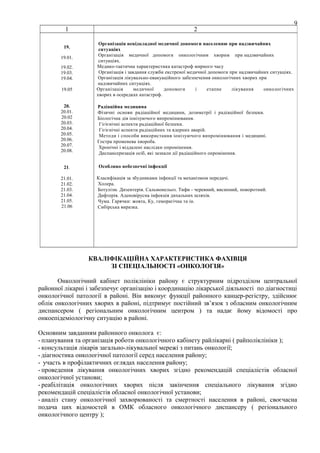 1
19.
19.01.
19.02.
19.03.
19.04.
19.05
20.
20.01.
20.02
20.03.
20.04.
20.05.
20.06.
20.07.
20.08.
21.
21.01.
21.02.
21.03.
21.04.
21.05.
21.06

2

9

Організація невідкладної медичної допомоги населенню при надзвичайних
ситуаціях
Організація медичної допомоги онкологічним хворим при надзвичайних
ситуаціях.
Медико-тактична характеристика катастроф мирного часу
Організація і завдання служби екстреної медичної допомоги при надзвичайних ситуаціях.
Організація лікувально-евакуаційного забезпечення онкологічних хворих при
надзвичайних ситуаціях.
Організація
медичної
допомоги
і
етапне
лікування
онкологічних
хворих в осередках катастроф.
Радіаційна медицина
Фізичні основи радіаційної медицини, дозиметрії і радіаційної безпеки.
Біологічна дія іонізуючого випромінювання.
Гігієнічні аспекти радіаційної безпеки.
Гігієнічні аспекти радіаційних та ядерних аварій.
Методи і способи використання іонізуючого випромінювання і медицині.
Гостра променева хвороба.
Хронічні і віддалені наслідки опромінення.
Диспансеризація осіб, які зазнали дії радіаційного опромінення.
Особливо небезпечні інфекції
Класифікація за збудниками інфекції та механізмом передачі.
Холера.
Ботулізм. Дизентерія. Сальмонельоз. Тифи - черевний, висипний, поворотний.
Дифтерія. Аденовірусна інфекція дихальних шляхів.
Чума. Гарячки: жовта, Ку, геморагічна та ін.
Сибірська виразка.

КВАЛІФІКАЦІЙНА ХАРАКТЕРИСТИКА ФАХІВЦЯ
ЗІ СПЕЦІАЛЬНОСТІ «ОНКОЛОГІЯ»
Онкологічний кабінет поліклініки району є структурним підрозділом центральної
районної лікарні і забезпечує організацію і координацію лікарської діяльності по діагностиці
онкологічної патології в районі. Він виконує функції районного канцер-регістру, здійснює
облік онкологічних хворих в районі, підтримує постійний зв’язок з обласним онкологічним
диспансером ( регіональним онкологічним центром ) та надає йому відомості про
онкоепідеміологічну ситуацію в районі.
Основним завданням районного онколога є:
- планування та організація роботи онкологічного кабінету райлікарні ( райполіклініки );
- консультація лікарів загально-лікувальної мережі з питань онкології;
- діагностика онкологічної патології серед населення району;
- участь в профілактичних оглядах населення району;
- проведення лікування онкологічних хворих згідно рекомендацій спеціалістів обласної
онкологічної установи;
- реабілітація онкологічних хворих після закінчення спеціального лікування згідно
рекомендацій спеціалістів обласної онкологічної установи;
- аналіз стану онкологічної захворюваності та смертності населення в районі, своєчасна
подача цих відомостей в ОМК обласного онкологічного диспансеру ( регіонального
онкологічного центру );

 