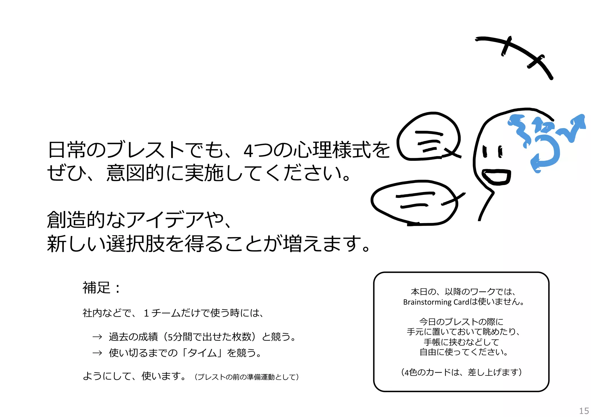 ⽇日常のブレストでも、4つの⼼心理理様式を	
  
ぜひ、意図的に実施してください。	
  
	
  
創造的なアイデアや、	
  
新しい選択肢を得ることが増えます。
補⾜足：	
  

	
  
社内などで、１チームだけで使う時には、	
  
	
  
 　→    過去の成績（5分間で出せた枚数）と競う。	
  
	
  

 　→    使い切切るまでの「タイム」を競う。	
  
	
  
ようにして、使います。（ブレストの前の準備運動として） 　	
  

本⽇日の、以降降のワークでは、	
  
Brainstorming	
  Cardは使いません。	
  
	
  
今⽇日のブレストの際に	
  
⼿手元に置いておいて眺めたり、	
  
⼿手帳に挟むなどして	
  
⾃自由に使ってください。	
  
	
  
（4⾊色のカードは、差し上げます）	
  

15

 