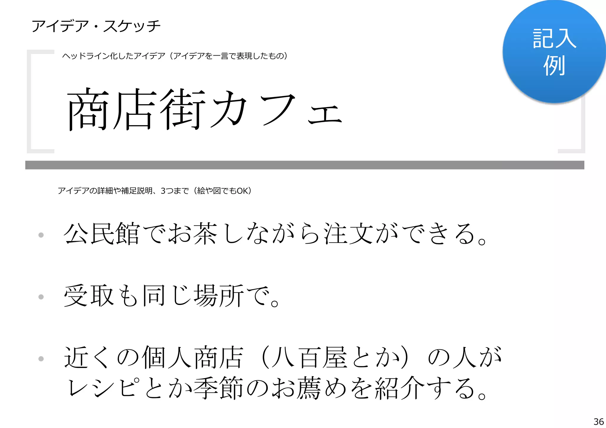 アイデア・スケッチ  

[

ヘッドライン化したアイデア（アイデアを⼀一⾔言で表現したもの）

商店街カフェ	
 
	
 

記⼊入	
  
例例

]

アイデアの詳細や補⾜足説明、3つまで（絵や図でもOK）

・ 公民館でお茶しながら注文ができる。	
 
	
 
・ 受取も同じ場所で。	
 
	
 
・ 近くの個人商店（八百屋とか）の人が	
 
レシピとか季節のお薦めを紹介する。	
 
36

 