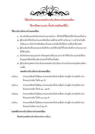 วิธีดาเนินการและเกณฑ์การประเมินการอ่านออกเสียง
ปีการศึกษา ๒๕๕๖ ชั้นประถมศึกษาปีที่ ๖
วิธีการประเมินการอ่านออกเสียง
๑. ประเมินต้องแยกนักเรียนก่อนอ่านและหลังอ่าน เพื่อไม่ให้ได้ยินคาที่นักเรียนคนอื่นอ่าน
๒. ผู้ประเมินให้นักเรียนอ่านออกเสียงข้อความที่กาหนดให้ ภายในเวลา 3 นาที สาหรับเด็ก
ปกติและ5 นาที สาหรับเด็กพิเศษ ถ้าหมดเวลาคาที่เหลือให้นับรวมเป็นคาที่อ่านผิด
๓. ผู้ประเมินทาเครื่องหมายและบันทึกจานวนคาที่อ่านผิดไว้ในช่องบันทึกการอ่านและเวลา
ที่ใช้อ่านด้วย
๔. ถ้านักเรียนอ่านตะกุกตะกัก หรือหยุดอ่านเป็นเวลา ๕ วินาที ให้ข้ามไป และนับคาที่อ่าน
ข้ามทุกคาเป็นคาที่อ่านผิด ส่วนคาซ้าให้นับครั้งเดียว
๕. ผู้ประเมินสรุปผลการประเมินตามเกณฑ์การประเมินการอ่านลงในแบบสรุปผลรายห้อง /
รายชั้น

เกณฑ์การประเมินการอ่านออกเสียง
ระดับ ๔

อ่านออกเสียงคาไม่ชัดเจน อ่านตกหล่นหรืออ่านเพิ่มคา อ่านตู่ตัว อ่านสลับคา อ่าน
ข้ามและอ่านผิด ไม่เกิน ๑๐ คา

ระดับ ๓

อ่านออกเสียงคาไม่ชัดเจน อ่านตกหล่นหรืออ่านเพิ่มคา อ่านตู่ตัว อ่านสลับคา อ่าน
ข้ามและอ่านผิด ไม่เกิน ๑๑– ๑๕ คา

ระดับ ๒

อ่านออกเสียงคาไม่ชัดเจน อ่านตกหล่นหรืออ่านเพิ่มคา อ่านตู่ตัว อ่านสลับคา อ่าน
ข้ามและอ่านผิด ไม่เกิน ๑๖–๒๐ คา

ระดับ ๑

อ่านออกเสียงคาไม่ชัดเจน อ่านตกหล่นหรืออ่านเพิ่มคา อ่านตู่ตัว อ่านสลับคา อ่าน
ข้ามและอ่านผิด มากกว่า ๒๐ คา

เกณฑ์ผ่านการประเมินการอ่านออกเสียง
ต้องผ่านเกณฑ์การประเมินการอ่าน ระดับ ๔

 