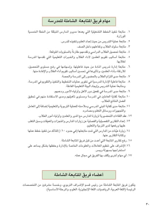 ‫مهام فريق املتابعة الشاملة للمدرسة‬
‫1. 1متابعة تنفيذ اخلطط التشغيلية التي يعدها مديرو امل��دارس املنبثقة من اخلطة اخلمسية‬
‫للوزارة.‬
‫2. 2متابعة عملية التدريس من حيث إعداد املعلم وتنفيذه للدرس.‬
‫3. 3متابعة سلوك الطالب وتفاعلهم داخل الصف.‬
‫ً‬
‫4. 4متابعة حتصيل الطالب الدراسي وتقدمهم مقارنة باملستويات املتوقعة.‬
‫5. 5متابعة أساليب تقومي املعلمني ألداء الطالب واخل�ب��رات التعليمية التي تقدمها املدرسة‬
‫لطالبها.‬
‫6. 6متابعة إدارة تدريس امل��ادة من حيث فاعليتها، وإسهامها في رف��ع مستوى التحصيل،‬
‫لالرتقاء بأداء املعلمني، وتأثيرها في حتسني أساليب تقومي أداء الطالب واإلفادة منها.‬
‫7. 7متابعة مدى التزام الطالب باحلضور إلى املدرسة واحلصة.‬
‫8. 8متابعة فاعلية اإلدارة املدرسية في تطوير عمليات التخطيط والتنفيذ والتقومي في املدرسة،‬
‫ومتابعة عملية التدريس وإيجاد البيئة التعليمية الفاعلة.‬
‫9. 9متابعة مدير املدرسة في تفعيل دور األهل وأولياء األمور ودعمهم.‬
‫0101متابعة كفاية العاملني في املدرسة ومستوى تأهيلهم ومدى االستفادة منهم في حتقيق‬
‫أفضل النتائج للطالب.‬
‫1111متابعة مدى كفاية املبنى املدرسي ومالءمته للعملية التربوية والتعليمية إضافة إلى املعامل‬
‫والتجهيزات ووسائل التعلم ومصادره.‬
‫2121عقد اللقاءات التحضيرية لزيارة املدارس مع املدير واملعلمني وأولياء أمور الطالب.‬
‫3131 إعداد التقارير التفصيلية والفصلية عن زيارات املدارس واملنجزات واملعيقات وسبل التغلب‬
‫عليها ورفعها ملدير التربية والتعليم.‬
‫4141زيارة عيّنات من املدارس التي متت متابعتها (في حدود 01%) للتأكد من تنفيذ خطط عملها‬
‫وكتابة التقارير عنها.‬
‫5151رفع تقارير املتابعة التي أعدت من قبل فريق املتابعة الشاملة.‬
‫6161اإلشراف على تنظيم املعامالت واملعلومات اخلاصة باإلدارة وحفظها بشكل يساعد على‬
‫استخراجها بسهولة ويسر.‬
‫7171أي مهام أخرى يكلف بها الفريق في مجال عمله.‬

‫أعضاء فريق املتابعة الشاملة‬
‫يتكون فريق املتابعة الشاملة من رئيس قسم اإلش��راف التربوي، وخمسة مشرفني من التخصصات‬
‫الرئيسة (اللغة العربية، الرياضيات، اللغة اإلجنليزية، العلوم، واملرحلة األساسية).‬

‫03‬

 