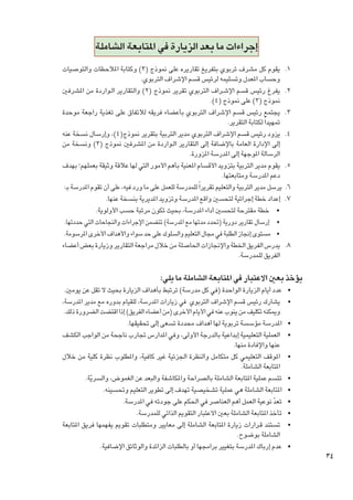 ‫إجراءات ما بعد الزيارة في املتابعة الشاملة‬
‫1. 1يقوم كل مشرف تربوي بتفريغ تقاريره على منوذج (3) وكتابة املالحظات والتوصيات‬
‫وحساب املعدل وتسليمه لرئيس قسم اإلشراف التربوي.‬
‫2. 2يفرغ رئيس قسم اإلش��راف التربوي تقرير منوذج (2) والتقارير ال��واردة من املشرفني‬
‫منوذج (3) على منوذج (4).‬
‫3. 3يجتمع رئيس قسم اإلشراف التربوي بأعضاء فريقه لالتفاق على تغذية راجعة موحدة‬
‫متهيدا ً لكتابة التقرير.‬
‫4. 4يزود رئيس قسم اإلشراف التربوي مدير التربية بتقرير منوذج(4)، وإرسال نسخة عنه‬
‫إلى اإلدارة العامة باإلضافة إلى التقارير ال��واردة من املشرفني منوذج (3) ونسخة من‬
‫الرسالة املوجهة إلى املدرسة املزورة.‬
‫5. 5يقوم مدير التربية بتزويد األقسام املعنية بأهم األمور التي لها عالقة وثيقة بعملهم؛ بهدف‬
‫دعم املدرسة ومتابعتها.‬
‫6. 6يرسل مدير التربية والتعليم تقريرا ً للمدرسة للعمل على ما ورد فيه، على أن تقوم املدرسة بـ:‬
‫7. 7 إعداد خطة إجرائية لتحسني واقع املدرسة وتزويد املديرية بنسخة عنها.‬
‫	 • خطة مقترحة لتحسني أداء املدرسة، بحيث تكون مرتبة حسب األولوية.‬
‫	 • إرسال تقارير دورية (حتدد مدتها مع املدرسة) تتضمن اإلجراءات والنجاحات التي حددتها.‬
‫	 •مستوى إجناز الطلبة في مجال التعليم والسلوك على حد سواء واألهداف األخرى املرسومة.‬
‫8. 8يدرس الفريق اخلطة واإلجنازات احلاصلة من خالل مراجعة التقارير وزيارة بعض أعضاء‬
‫الفريق للمدرسة.‬

‫يؤخذ بعني االعتبار في املتابعة الشاملة ما يلي:‬
‫	‬
‫	‬

‫	‬
‫	‬
‫	‬
‫	‬
‫	‬
‫	‬
‫	‬
‫	‬

‫43‬

‫	‬

‫•عدد أيام الزيارة الواحدة (في كل مدرسة) ترتبط بأهداف الزيارة بحيث ال تقل عن يومني.‬
‫•يشارك رئيس قسم اإلشراف التربوي في زيارات املدرسة، للقيام بدوره مع مدير املدرسة،‬
‫وميكنه تكليف من ينوب عنه في األيام األخرى (من أعضاء الفريق) إذا اقتضت الضرورة ذلك.‬
‫•املدرسة مؤسسة تربوية لها أهداف محددة تسعى إلى حتقيقها.‬
‫•العملية التعليمية إبداعية بالدرجة األولى، وفي املدارس جتارب ناجحة من الواجب الكشف‬
‫عنها واإلفادة منها.‬
‫•املوقف التعليمي كل متكامل والنظرة اجلزئية غير كافية، واملطلوب نظرة كلية من خالل‬
‫املتابعة الشاملة.‬
‫•تتسم عملية املتابعة الشاملة بالصراحة واملكاشفة والبعد عن الغموض، والسرية.‬
‫ّ‬
‫•املتابعة الشاملة هي عملية تشخيصية تهدف إلى تطوير التعليم وحتسينه.‬
‫•تعد نوعية العمل أهم العناصر في احلكم على جودته في املدرسة.‬
‫ّ‬
‫•تأخذ املتابعة الشاملة بعني االعتبار التقومي الذاتي للمدرسة.‬
‫•تستند ق��رارات زيارة املتابعة الشاملة إلى معايير ومتطلبات تقومي يفهمها فريق املتابعة‬
‫الشاملة بوضوح.‬
‫•عدم إرباك املدرسة بتغيير برامجها أو بالطلبات الزائدة والوثائق اإلضافية.‬

 