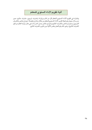 ‫آلية تقومي األداء السنوي للمعلم‬
‫يشترك في تقومي األداء السنوي للمعلم كل من ق��ام بزيارته (مشرف تربوي، مشرف متابع، مدير‬
‫مدرسة)، بحيث يتم تعبئة تقرير األداء السنوي للمعلم من خالل مناذج منفصلة؛ منوذج خاص باملشرف‬
‫التربوي، ومنوذج خاص باملشرف املتابع ومنوذج خاص مبدير املدرسة.( في حال زيارة املعلم من قبل‬
‫املشرف املتابع)، وغير ذلك يتم العمل بنفس اآللية دون تقرير املشرف املتابع.‬

‫83‬

 