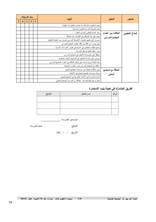 ‫ﺍﻝﻤﻌﻴﺎﺭ‪‬‬

‫ﺍﻝﻤﺤﻭﺭ‪‬‬

‫ﺴﻠﻡ‪‬ﺍﻝﺩﺭﺠﺎﺕ‪‬‬

‫ﺍﻝﺒﻨﻭﺩ‪‬‬

‫1‪5 4 3 2 ‬‬

‫ﻴﺠﺩﺩ‪‬ﺒﺎﻷﺠﻬﺯﺓ‪‬ﻭﺍﻝﻭﺴﺎﺌل‪‬ﺒﻤﺎ‪‬ﻴﺘﻨﺎﺴﺏ‪‬ﻭﺍﻝﺘﻁﻭﺭﺍﺕ‪‬ﺍﻝﻌﻠﻤﻴﺔ.‪‬‬
‫ﻴﻘﻭﻡ‪‬ﺒﺎﻝﺼﻴﺎﻨﺔ‪‬ﺍﻝﺩﻭﺭﻴﺔ‪‬ﻝﻸﺠﻬﺯﺓ‪‬ﻭﺍﻝﻭﺴﺎﺌل.‪‬‬

‫‪‬‬

‫‪‬‬

‫‪‬‬

‫‪‬‬

‫‪‬‬

‫‪‬‬

‫‪‬‬

‫‪‬‬

‫‪‬‬

‫‪‬‬

‫‪‬‬

‫‪‬‬

‫‪‬‬

‫‪‬‬

‫‪‬‬

‫‪‬‬

‫‪‬‬

‫‪‬‬

‫‪‬‬

‫‪‬‬

‫ﻴﺤﺭﺹ‪‬ﻋﻠﻰ‪‬ﻤﺸﺎﺭﻜﺔ‪‬ﺍﻝﻌﺎﻤﻠﻴﻥ‪‬ﻓﻲ‪‬ﺍﻝﻤﻨﺎﺴﺒﺎﺕ‪‬ﺍﻝﻌﺎﻤﺔ‪‬ﻭﺍﻝﺨﺎﺼﺔ.‪‬‬

‫‪‬‬

‫‪‬‬

‫‪‬‬

‫‪‬‬

‫‪‬‬

‫ﻴﻨﻔﺫ‪‬ﺃﻨﺸﻁﺔ‪‬ﺘﺭﺒﻭﻴﺔ‪‬ﺘﺴﺎﻋﺩ‪‬ﻋﻠﻰ‪‬ﺘﻭﻁﻴﺩ‪‬ﺍﻝﻌﻼﻗﺔ‪‬ﺒﻴﻥ‪‬ﺃﻋﻀﺎﺀ‪‬ﺍﻝﻤﺠﺘﻤﻊ‪‬ﺍﻝﻤﺩﺭﺴﻲ‪‬‬

‫‪‬‬

‫‪‬‬

‫‪‬‬

‫‪‬‬

‫‪‬‬

‫ﻋﻼﻗﺘﻪ‪‬ﻤﻊ‪‬ﺍﻝﻤﺠﺘﻤﻊ‪‬ﺍﻝﻤﺩﺭﺴﻲ‪‬ﺘﺘﺴﻡ‪‬ﺒﺎﻝﺤﺯﻡ‪‬ﻭﺍﻹﻨﺴﺎﻨﻴﺔ‪‬‬

‫‪‬‬

‫‪‬‬

‫‪‬‬

‫‪‬‬

‫‪‬‬

‫ﻴﺒﻨﻲ‪‬ﻋﻼﻗﺎﺕ‪‬ﺇﻴﺠﺎﺒﻴﺔ‪‬ﻤﻊ‪‬ﻤﺅﺴﺴﺎﺕ‪‬ﺍﻝﻤﺠﺘﻤﻊ‪‬ﺍﻝﻤﺤﻠﻲ‪‬‬

‫‪‬‬

‫‪‬‬

‫‪‬‬

‫‪‬‬

‫‪‬‬

‫ﻴﺸﺭﻙ‪‬ﻤﺅﺴﺴﺎﺕ‪‬ﺍﻝﻤﺠﺘﻤﻊ‪‬ﺍﻝﻤﺤﻠﻲ‪‬ﻓﻲ‪‬ﺍﻷﻨﺸﻁﺔ‪‬‬

‫‪‬‬

‫‪‬‬

‫‪‬‬

‫‪‬‬

‫‪‬‬

‫ﺘﺸﺎﺭﻙ‪‬ﺍﻝﻤﺩﺭﺴﺔ‪‬ﻓﻲ‪‬ﺍﻷﻋﻤﺎل‪‬ﺍﻝﺘﻁﻭﻋﻴﺔ‪‬ﻓﻲ‪‬ﺍﻝﻤﺠﺘﻤﻊ‪‬ﺍﻝﻤﺤﻠﻲ‪‬‬

‫‪‬‬

‫‪‬‬

‫‪‬‬

‫‪‬‬

‫‪‬‬

‫ﻴﻨﻅﻡ‪‬ﺒﺭﺍﻤﺞ‪‬ﺍﺠﺘﻤﺎﻋﻴﺔ‪‬ﺘﻌﺯﺯ‪‬ﺍﻝﻌﻼﻗﺔ‪‬ﺒﻲ‪‬ﺍﻝﻤﺩﺭﺴﺔ‪‬ﻭﺍﻝﻤﺠﺘﻤﻊ‪‬ﺍﻝﻤﺤﻠﻲ.‪‬‬

‫‪‬‬

‫ﻴﺤﺭﺹ‪‬ﻋﻠﻰ‪‬ﺘﻁﺒﻴﻕ‪‬ﺘﻌﻠﻴﻤﺎﺕ‪‬ﺍﻻﻨﻀﺒﺎﻁ‪‬ﺍﻝﻤﺩﺭﺴﻲ‪‬ﻝﻀﻤﺎﻥ‪‬ﺴﻴﺭ‪‬ﺍﻝﻌﻤﻠﻴﺔ‪‬ﺍﻝﺘﻌﻠﻴﻤﻴﺔ‪‬‬

‫‪‬‬

‫‪‬‬

‫‪‬‬

‫‪‬‬

‫‪‬‬

‫ﻴﻌﺯﺯ‪‬ﻤﻠﻜﻴﺔ‪‬ﺍﻝﻁﻠﺒﺔ‪‬ﻝﻤﺭﺍﻓﻕ‪‬ﺍﻝﻤﺩﺭﺴﺔ‪‬‬

‫ﺍﻝﻤﺤﻠﻲ‪‬‬

‫ﻴﻌﻤل‪‬ﻋﻠﻰ‪‬ﺤل‪‬ﺍﻝﻤﺸﺎﻜل‪‬ﻤﻊ‪‬ﺍﻷﻁﺭﺍﻑ‪‬ﺫﺍﺕ‪‬ﺍﻝﻌﻼﻗﺔ‪‬‬

‫‪‬‬

‫‪‬‬

‫‪‬‬

‫‪‬‬

‫‪‬‬

‫ﻴﺤﺎﻓﻅ‪‬ﻋﻠﻰ‪‬ﺨﺼﻭﺼﻴﺔ‪‬ﺍﻝﻌﺎﻤﻠﻴﻥ‪‬ﻓﻲ‪‬ﺍﻝﻤﺠﺘﻤﻊ‪‬ﺍﻝﻤﺩﺭﺴﻲ.‪‬‬

‫ﺍﻝﻌﻼﻗﺔ‪‬ﻤﻊ‪‬ﺍﻝﻤﺠﺘﻤﻊ‪‬‬

‫ﻴﻭﻓﺭ‪‬ﺍﻝﻤﻨﺎﺥ‪‬ﺍﻝﺘﻌﻠﻴﻤﻲ‪‬ﺍﻝﻤﻨﺎﺴﺏ‪‬ﻝﻠﺘﻌﻠﻡ‪‬‬

‫‪‬‬

‫‪‬‬

‫‪‬‬

‫‪‬‬

‫‪‬‬

‫ﻴﺒﻨﻲ‪‬ﺠﺴﻭﺭﹰ‪‬ﻤﻥ‪‬ﺍﻝﺜﻘﺔ‪‬ﺒﻴﻥ‪‬ﻜﺎﻓﺔ‪‬ﻋﻨﺎﺼﺭ‪‬ﺍﻝﻤﺠﺘﻤﻊ‪‬ﺍﻝﻤﺩﺭﺴﻲ‪‬‬
‫ﺍ‬

‫ﺍﻝﻤﺠﺘﻤﻊ‪‬ﺍﻝﻤﺩﺭﺴﻲ.‪‬‬

‫‪‬‬

‫‪‬‬

‫‪‬‬

‫‪‬‬

‫‪‬‬

‫ﻴﺸﺠﻊ‪‬ﺍﻝﻁﻠﺒﺔ‪‬ﻭﺍﻝﻤﻌﻠﻤﻴﻥ‪‬ﻓﻲ‪‬ﺍﻻﺴﻬﺎﻡ‪‬ﻓﻲ‪‬ﺘﻁﻭﻴﺭ‪‬ﺍﻻﺠﺭﺍﺀﺍﺕ‪‬ﺍﻹﺩﺍﺭﻴﺔ‪.‬‬

‫ﺍﻝﻤﻨﺎﺥ‪‬ﺍﻝﺘﻌﻠﻴﻤﻲ‪ ‬ﺍﻝﻌﻼﻗﺎﺕ‪‬ﺒﻴﻥ‪‬ﺍﻋﻀﺎﺀ‪‬‬

‫‪‬‬

‫‪‬‬

‫‪‬‬

‫‪‬‬

‫‪‬‬

‫‪‬‬

‫‪‬‬

‫‪‬‬

‫‪‬‬

‫‪‬‬

‫ﺍﻝﻔﺭﻴﻕ‪‬ﺍﻝﻤﺸﺎﺭﻙ‪‬ﻓﻲ‪‬ﺘﻌﺒﺌﺔ‪‬ﺒﻨﻭﺩ‪‬ﺍﻻﺴﺘﻤﺎﺭﺓ‪‬‬
‫ﺍﻝﺭﻗﻡ‪‬‬

‫ﺍﻝﺘﻭﻗﻴﻊ‪‬‬

‫ﺍﺴﻡ‪‬ﺍﻝﻤﻌﻠﻡ‪‬‬

‫‪‬‬

‫‪‬‬

‫‪‬‬

‫‪‬‬

‫‪‬‬

‫‪‬‬

‫‪‬‬

‫‪‬‬

‫‪‬‬

‫‪‬‬

‫ﺍﻝﺩﻝﻴل‪‬ﺍﻝﻤﺭﺠﻌﻲ‪‬ﻓﻲ‪‬ﺍﻝﻤﺘﺎﺒﻌﺔ‪‬ﺍﻝﺸﺎﻤﻠﺔ‪‬‬

‫ا‪‬ا‪‬ر‪______________:‬‬
‫‪‬‬
‫‪‬ا‪‬ر‪‬‬
‫‪‬‬
‫‪‬‬
‫ا‪ :‬‬
‫‪‬‬
‫ا‪‬ر‪201//:‬‬

‫‪9/9‬‬

‫ﺍﺴﺘﻤﺎﺭﺓ‪‬ﺍﻝﺘﻘﻴﻴﻡ‪‬ﺍﻝﺫﺍﺘﻲ‪‬ﻨﻤﻭﺫﺝ‪‬ﺭﻗﻡ‪(5)‬ﺍﻹﺼﺩﺍﺭ‪‬ﺍﻝﺜﺎﻨﻲ‪2010‬‬

‫76‬

 