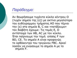 Παράδειγμα:
Αν θεωρήσουμε τυχόντα κύκλο κέντρου Ο
(τυχόν σημείο της (ε)) με ακτίνα μεγαλύτερο
του ευθύγραμμου τμήματος ΑΟ που τέμνει
την (ε) στα σημεία B, C και «πετάξουμε»
τον διαβήτη έχουμε: Τις τομές Ε, D
αντίστοιχα των ΑΒ, ΑC με τον κύκλο.
Έτσι παίρνουμε την τομή επίσης F των
BD, CE. Το σημείο A είναι προφανώς
το ορθόκεντρο του τριγώνου FΒC. Αρκεί
λοιπόν να ενώσουμε το σημείο Α με το
σημείο F.

 