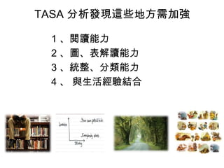 TASA 分析發現這些地方需加強
1 、閱讀能力
2 、圖、表解讀能力
3 、統整、分類能力
4 、 與生活經驗結合

 