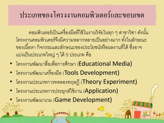 ประเภทของโครงงานคอมพิวเตอร์และขอบเขต

•
•
•
•
•

คอมพิวเตอร์ เป็ นเครื่ องมือที่ใช้ ในงานวิจยในทุก ๆ สาขาวิชา ดังนัน
ั
้
โครงงานคอมพิวเตอร์ จงมีความหลากหลายเป็ นอย่างมาก ทังในลักษณะ
ึ
้
ของเนื ้อหา กิจกรรมและลักษณะของประโยชน์หรื อผลงานที่ได้ ซึงอาจ
่
แบ่งเป็ นประเภทใหญ่ ๆ ได้ 5 ประเภท คือ
โครงงานพัฒนาสื่อเพื่อการศึกษา (Educational Media)
โครงงานพัฒนาเครื่ องมือ (Tools Development)
โครงงานประเภทการทดลองทฤษฎี (Theory Experiment)
โครงงานประเภทการประยุกต์ใช้ งาน (Application)
โครงงานพัฒนาเกม (Game Development)

 