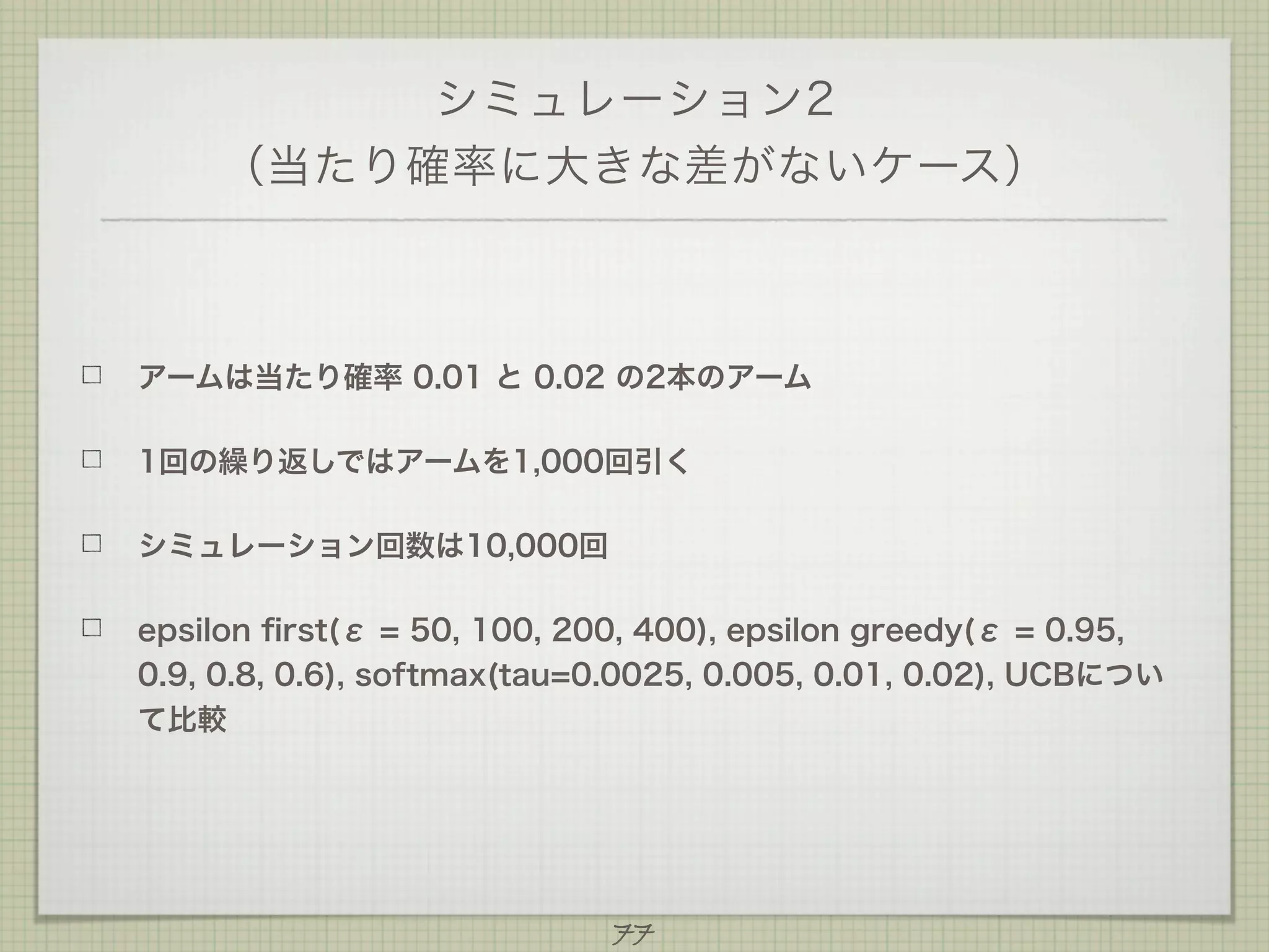 シミュレーション2
（当たり確率に大きな差がないケース）

アームは当たり確率 0.01 と 0.02 の2本のアーム
1回の繰り返しではアームを1,000回引く
シミュレーション回数は10,000回
epsilon ﬁrst(ε = 50, 100, 200, 400), epsilon greedy(ε = 0.95,
0.9, 0.8, 0.6), softmax(tau=0.0025, 0.005, 0.01, 0.02), UCBについ
て比較

77

 