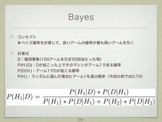 Bayes
コンセプト
▶ベイズ確率を計算して、良いアームの確率が最も高いアームを引く
計算式
D：観測事象(100アームを引き20回当たった等)
P(H ¦D)：Dが起こった上でそのマシンがアーム1である確率
P(D¦H )：アーム1でDが起...