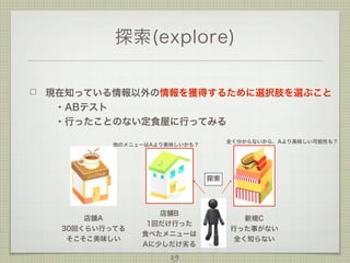 探索(explore)
現在知っている情報以外の情報を獲得するために選択肢を選ぶこと
 ・ABテスト
 ・行ったことのない定食屋に行ってみる
全く分からないから、Aより美味しい可能性も？

他のメニューはAより美味しいかも？

探索

店舗A
30回くらい行ってる
そこそこ美味しい

店舗B
1回だけ行った
食べたメニューは
Aに少しだけ劣る

19

新規C
行った事がない
全く知らない

 