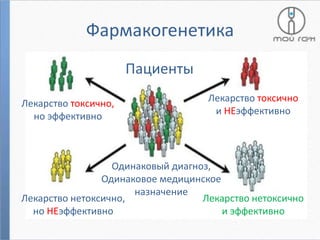 Фармакогенетика
Пациенты
Лекарство токсично,
но эффективно

Лекарство токсично
и НЕэффективно

Одинаковый диагноз,
Одинаковое медицинское
назначение
Лекарство нетоксично,
Лекарство нетоксично
но НЕэффективно
и эффективно

 