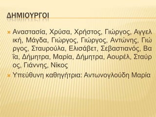 ΔΗΜΙΟΤΡΓΟΙ
Αλαζηαζία, Υξύζα, Υξήζηνο, Γηώξγνο, Αγγει
ηθή, Μάγδα, Γηώξγνο, Γηώξγνο, Αληώλεο, Γηώ
ξγνο, ΢ηαπξνύια, Διηζάβεη, ΢εβαζηηαλόο, Βα
ΐα, Γήκεηξα, Μαξία, Γήκεηξα, Ανπξέι, ΢ηαύξ
νο, Γηάλλεο, Νίθνο
 Τπεύζπλε θαζεγήηξηα: Αλησλνγινύδε Μαξία


 