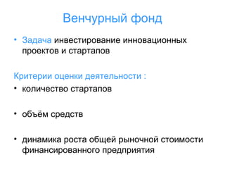 Венчурный фонд
• Задача инвестирование инновационных
проектов и стартапов
Критерии оценки деятельности :
• количество стартапов
• объём средств
• динамика роста общей рыночной стоимости
финансированного предприятия

 