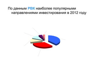 По данным РВК наиболее популярными
направлениями инвестирования в 2012 году

транспорт
5%

компьютеры
3%

медицина
11%
телекоммуник
ации
38%

потребительск
ий рынок
11%
финансовые
услуги
32%

 