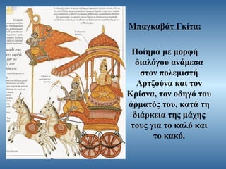 Μπαγκαβάτ Γκίτα:
Ποίημα με μορφή
διαλόγου ανάμεσα
στον πολεμιστή
Αρτζούνα και τον
Κρίσνα, τον οδηγό του
άρματός του, κατά τη
διάρκεια της μάχης
τους για το καλό και
το κακό.

 