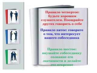 Правило четвертое:
будьте хорошим
слушателем. Поощряйте
других говорить о себе
Правило пятое: говорите
о том, что интересует
вашего собеседника
Правило шестое:
внушайте собеседнику
сознание его
значимости и делайте
это искренне

 