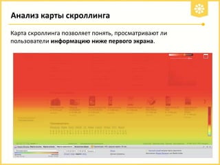 Анализ карты скроллинга
Карта скроллинга позволяет понять, просматривают ли
пользователи информацию ниже первого экрана.

 
