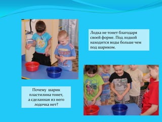 Лодка не тонет благодаря
своей форме. Под лодкой
находится воды больше чем
под шариком.

Почему шарик
пластилина тонет,
а сделанная из него
лодочка нет?

 