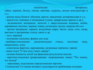 технические
материалы:
гайки, скрепки, болты, гвозди, винтики, шурупы, детали конструктора и
т.д.;
- разные виды бумаги: обычная, картон, наждачная, копировальная и т.д.;
- красители: пищевые и непищевые (гуашь, акварельные краски и др.);
- медицинские материалы: пипетки с закругленными концами, колбы,
деревянные палочки, мерные ложки, резиновые груши, шприцы без игл
- прочие материалы: зеркала, воздушные шары, масло, мука, соль, сахар,
цветные и прозрачные стекла, свечи и др.
- сито, воронки
- половинки мыльниц, формы для льда
-проборы-помощники: увеличительное стекло, песочные часы,
микроскопы, лупы
- клеенчатые фартуки, нарукавники, резиновые перчатки, тряпки
- мини-стенд "О чем хочу узнать завтра";
- личные блокноты детей для фиксации результатов опытов;
- карточки-подсказки (разрешающие -запрещающие знаки) "Что можно,
что нельзя"
- персонажи, наделанные определенными чертами
("почемучка") от имени которого моделируется проблемная ситуация.

 