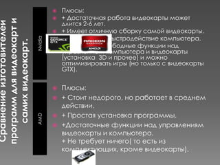 


Nvidia





Плюсы:
 + Стоит недорого, но работает в среднем
действии.
 + Простая установка программы.
 +Достаточные функции над управлениям
видеокарты и компьютера.
+ Не требует ничего( то есть из
комплектующих, кроме видеокарты).


AMD

Плюсы:
+ Достаточная работа видеокарты может
длится 2-6 лет.
+ Имеет отличную сборку самой видеокарты.
+ достаточное быстродействие компьютера.
+ Большие и свободные функции над
управлением компьютера и видеокарты
(установка 3D и прочее) и можно
оптимизировать игры (но только с видеокарты
GTX).

 