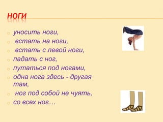 НОГИ
o
o
o
o
o
o
o

o

уносить ноги,
встать на ноги,
встать с левой ноги,
падать с ног,
путаться под ногами,
одна нога здесь - другая
там,
ног под собой не чуять,
со всех ног…

 