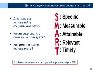 Цели и задачи использования социальных сетей

 Для чего вы
используйте
социальные сети?

 Какие социальные
сети вы используете?

 Как именно вы их
используете?

!!!Ответы зависят от целей организации !!!
6

 