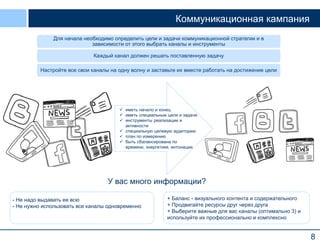 Коммуникационная кампания
Для начала необходимо определить цели и задачи коммуникационной стратегии и в
зависимости от этого выбрать каналы и инструменты
Каждый канал должен решать поставленную задачу
Настройте все свои каналы на одну волну и заставьте их вместе работать на достижение цели

 иметь начало и конец
 иметь специальные цели и задачи
 инструменты реализации и
активности
 специальную целевую аудиторию
 план по измерению
 быть сбалансирована по
времени, энергетике, интонации

У вас много информации?
- Не надо выдавать ее всю
- Не нужно использовать все каналы одновременно

+ Баланс - визуального контента и содержательного
+ Продвигайте ресурсы друг через друга
+ Выберите важные для вас каналы (оптимально 3) и
используйте их профессионально и комплексно

8

 