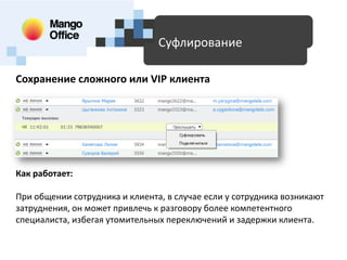Доступные технологии для SMB
Суфлирование
Сохранение сложного или VIP клиента

Как работает:
При общении сотрудника и клиента, в случае если у сотрудника возникают
затруднения, он может привлечь к разговору более компетентного
специалиста, избегая утомительных переключений и задержки клиента.

 