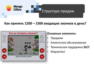 Доступные технологии для SMB

Структура продаж

Как принять 1200 – 1500 входящих звонков в день?
Как не потерять звонки?!

Основные элементы:
• Продажи
• Клиентское обслуживание
• Техническая поддержка 24/7
• Маркетинг

 
