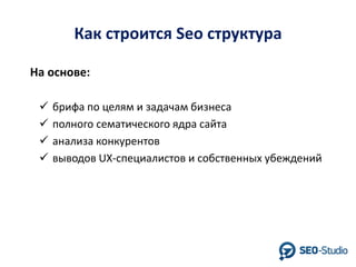 Как строится Seo структура
На основе:





брифа по целям и задачам бизнеса
полного сематического ядра сайта
анализа конкурентов
выводов UX-специалистов и собственных убеждений

 