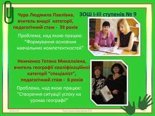 Чура Людмила Павлівна, ЗОШ І-ІІІ ступенів № 9
вчитель вищої категорії,
педагогічний стаж - 39 років
Проблема, над якою працює:
“Формування основних
навчальних компетентностей”
Немченко Тетяна Миколаївна,
вчитель географії кваліфікаційної
категорії “спеціаліст”,
педагогічний стаж - 6 років
Проблема, над якою працює:
“Створення ситуації успіху на
уроках географії”
22/11/13

Підготувала Дмитрієва В.О.

15

 