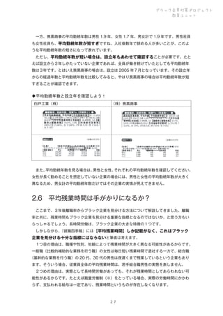 ブラック企業対策プロジェクト
教育ユニット

 一方、喪黒商事の平均勤続年数は男性 1.9 年、女性 1.7 年、男女計で 1.9 年です。男性社員
も女性社員も、平均勤続年数が短すぎですね。入社後数年で辞める人が多いことが、このよ
うな平均勤続年数の短さになって表れています。
 ただし、平均勤続年数が短い場合は、設立年もあわせて確認することが必要です。たと
えば設立から３年しかたっていない企業であれば、全員が働き続けていたとしても平均勤続年
数は３年です。とはいえ喪黒商事の場合は、設立は 2005 年７月となっています。その設立年
からの経過年数と平均勤続年数を比較してみると、やはり喪黒商事の場合は平均勤続年数が短
すぎることが確認できます。

◆平均勤続年数と設立年を確認しよう！
白戸工業（株）

（株）喪黒商事

 また、
平均勤続年数を見る場合は、
男性と女性、
それぞれの平均勤続年数を確認してください。
女性が長く勤めることを想定していない企業の場合には、男性と女性の平均勤続年数が大きく
異なるため、男女計の平均勤続年数だけではその企業の実情が見えてきません。

2.6 平均残業時間は手がかりになるか？
 ここまで、３年後離職率からブラック企業を見分ける方法について解説してきました。離職
率と共に、残業時間もブラック企業を見分ける重要な指標となるのではないか、と思う方もい
らっしゃるでしょう。長時間労働は、ブラック企業の大きな特徴の１つです。
 しかしながら、
『就職四季報』には【平均残業時間】しか記載がなく、これはブラック

企業を見分ける十分な指標にはならないと筆者は考えます。
 １つ目の理由は、職種や性別、年齢によって残業時間が大きく異なる可能性があるからです。
一般職（比較的補助的な業務を行う職）の女性は毎日短い残業時間で退社する一方で、総合職
（基幹的な業務を行う職）の 20 代、30 代の男性は夜遅くまで残業しているという企業もあり
ます。そういう場合、従業員全体の平均残業時間は、若手総合職男性の実態を表しません。
 ２つめの理由は、実態として長時間労働があっても、それが残業時間としてあらわれない可
能性があるからです。たとえば裁量労働制（※）をとっている場合、実際の労働時間にかかわ
らず、支払われる給与は一定であり、残業時間というものが存在しなくなります。

２７

 