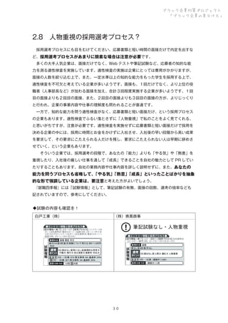 ブラック企業対策プロジェクト
「ブラック企業の見分け方」

2.8 人物重視の採用選考プロセス？
 採用選考プロセスにも目をむけてください。応募書類と短い時間の面接だけで内定を出すな
ど、採用選考プロセスがあまりに簡素な場合は注意が必要です。
 多くの大手人気企業は、面接だけでなく、Web テストや筆記試験など、応募者の知的な能
力を測る適性検査を実施しています。適性検査の実施は企業にとっては費用がかかりますが、
面接の人数を絞り込む上で、また、一定水準以上の知的な能力をもった学生を採用する上で、
適性検査を不可欠と考えている企業が多いようです。面接も、１回だけでなく、より上位の役
職者（人事部長など）が加わる面接を加え、合計３回程度実施する企業が多いようです。１回
目の面接よりも２回目の面接、また、２回目の面接よりも３回目の面接の方が、よりじっくり
と行われ、企業の事業内容や仕事の理解度も問われることが普通です。
 一方で、知的な能力を問う適性検査がなく、応募書類と短い面接だけ、という採用プロセス
の企業もあります。適性検査でふるい落とさずに「人物重視」で私のことをよく見てくれる、
と思いがちですが、注意が必要です。適性検査を実施せずに応募書類と短い面接だけで採用を
決める企業の中には、採用に時間とお金をかけずに入社させ、入社後の早い段階から高い成果
を要求して、その要求にこたえられる人だけを残し、要求にこたえられない人は早期に辞めさ
せていく、という企業もあります。
  そういう企業では、採用選考の段階で、あなたの「能力」よりも「やる気」や「熱意」を
重視したり、入社後の厳しい仕事を通して「成長」できることを自社の魅力として PR してい
たりすることもあります。自社の業務内容や仕事内容を詳しく説明せずに、また、あなたの

能力を問うプロセスも省略して、
「やる気」
「熱意」
「成長」といったことばかりを抽象
的な形で強調している企業は、要注意と考えた方がよいでしょう。
 
『就職四季報』には「試験情報」として、筆記試験の有無、面接の回数、選考の倍率なども
記されていますので、参考にしてください。

◆試験の内容も確認を！
白戸工業（株）

（株）喪黒商事

筆記試験なし・人物重視

３０

 