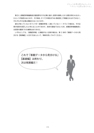 ブラック企業対策プロジェクト
「ブラック企業の見分け方」

 第２に、
就職四季報編集部が調査票をその企業に届け、
回答を依頼したが、
回答が得られなかっ
たという可能性もあります。その場合、
すべての項目が
「NA
（無回答）で掲載されるのではなく、
」
そもそもその企業は掲載されなくなります。
 誰もが知っているメガバンクが『就職四季報』に載っていない――そういう場合は、その企
業が回答を拒否したと考えることができます。政府の調査ではないため、就職四季報編集部に
は回答を義務づける権限はありません。
 いずれにしても、
『就職四季報』に掲載がない企業の場合は、第 3 章の「客観データから見
分ける【発展編】
」に示す方法によって、情報を探してみてください。

これで「客観データから見分ける」
【基礎編】は終わり。
次は発展編だ！

３５

 