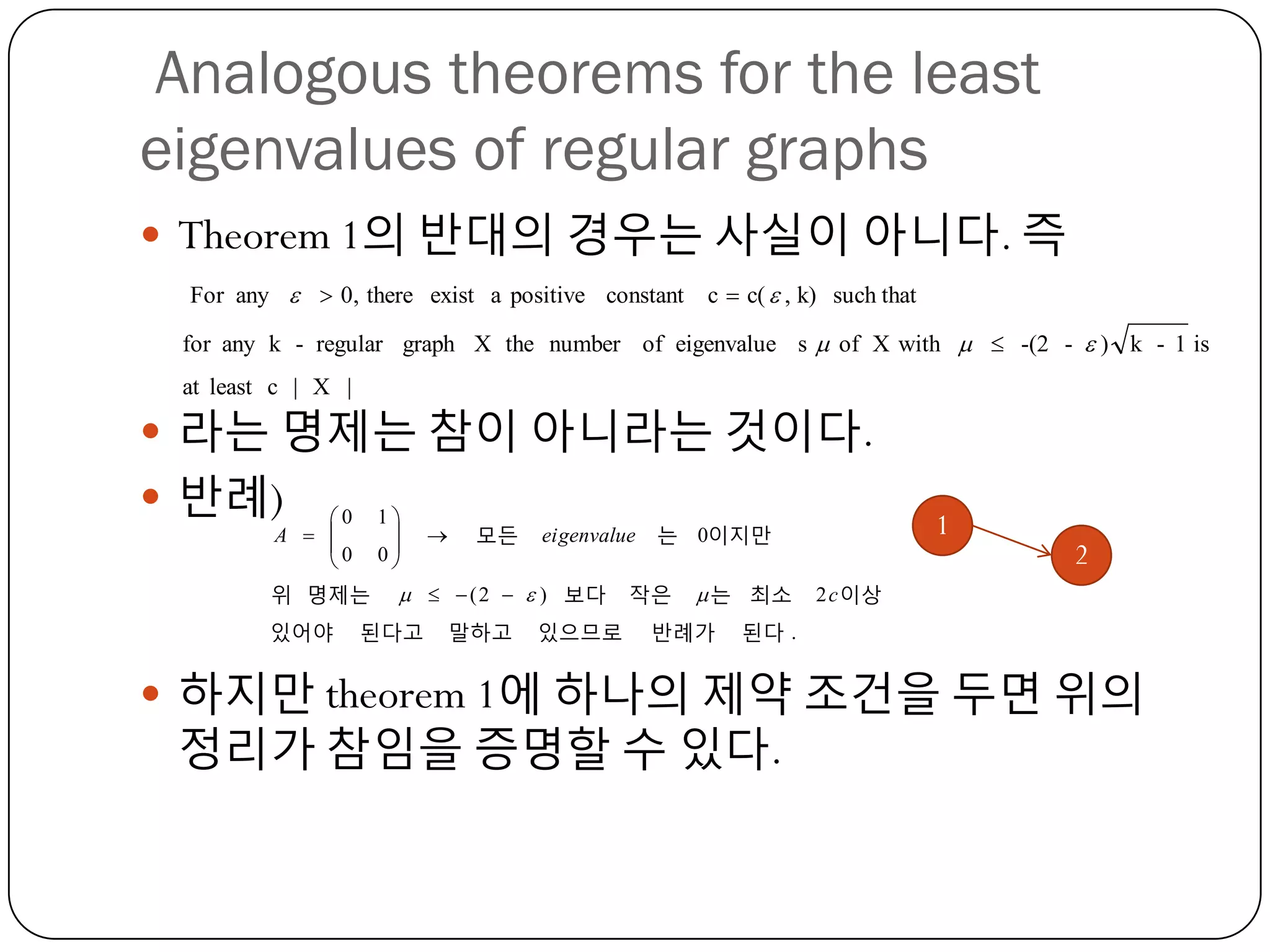 Analogous theorems for the least
eigenvalues of regular graphs
 Theorem 1의 반대의 경우는 사실이 아니다. 즉
For any   0, there exist a positive constant

c  c(  , k) such that

for any k - regular graph X the number of eigenvalue s  of X with   -(2 -  ) k - 1 is
at least c | X |

 라는 명제는 참이 아니라는 것이다.
 반례)

0
A  
0


1

0


위 명제는
있어야



모든

eigenvalue

   ( 2   ) 보다

된다고

말하고

있으므로

1

는 0이지만

작은

 는 최소

반례가

2

2 c 이상

된다 .

 하지만 theorem 1에 하나의 제약 조건을 두면 위의

정리가 참임을 증명할 수 있다.

 