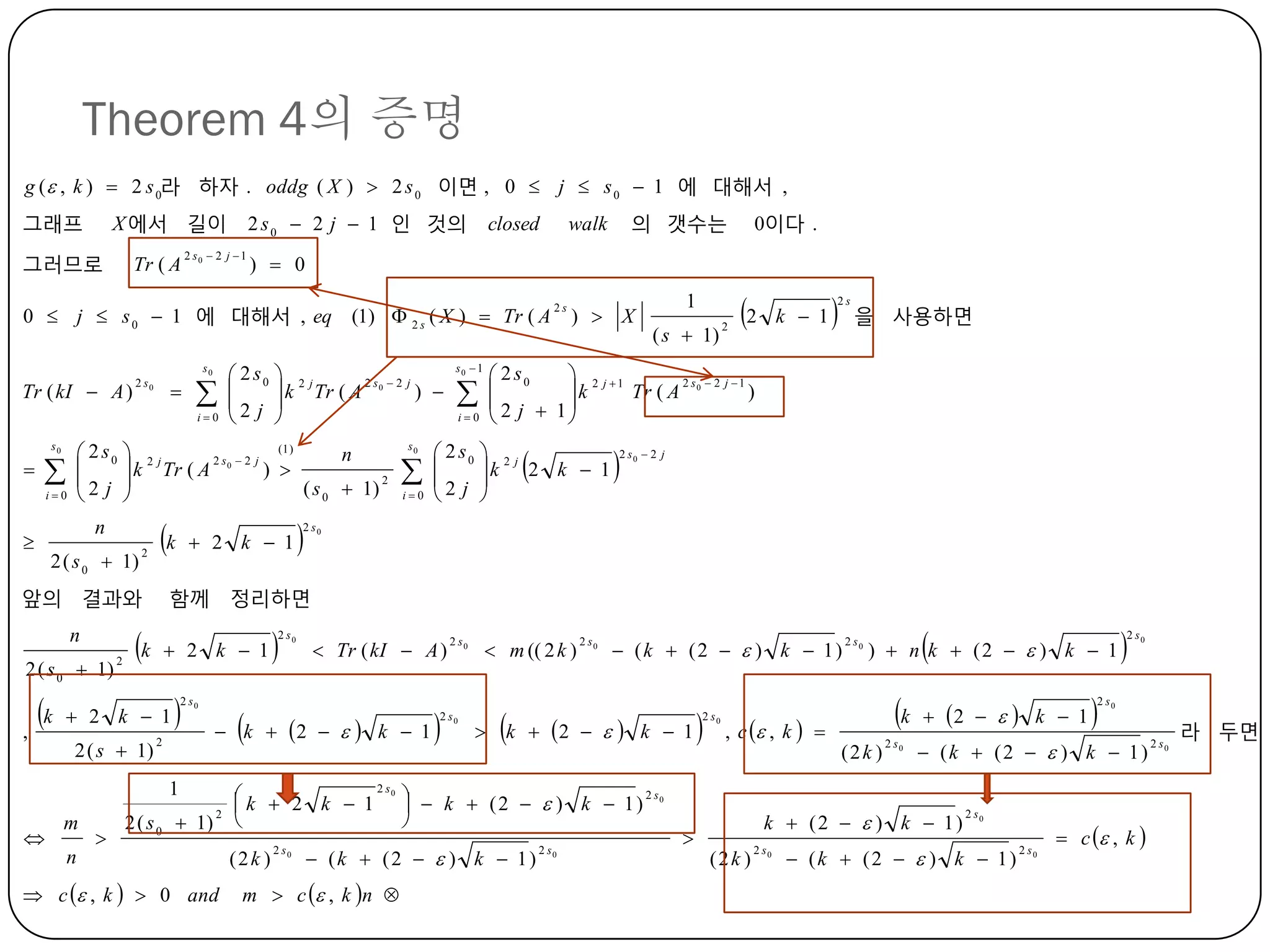 Theorem 4의 증명
g (  , k )  2 s 0라 하자 . oddg ( X )  2 s 0 이면 , 0  j  s 0  1 에 대해서 ,
그래프

X 에서 길이

그러므로

Tr ( A

2 s 0  2 j  1 인 것의

2 s0  2 j  1

closed

의 갯수는

walk

)  0

0  j  s 0  1 에 대해서 , eq (1)  2 s ( X )  Tr ( A )  X

1

2s

s0

Tr ( kI  A )



2 s0



i0

s0





i0



2 ( s 0  1)

2

k

앞의 결과와
n
2 ( s 0  1)

k
,

2

 2 k  1

 2 k  1

m



s0



i0

s0  1



i0

( s  1)

2

2

k  1



2s

을 사용하면

 2 s0
 2 j 1
2 s  2 j 1

Tr ( A 0
)
 2 j  1k




 2 s0  2 j

 2 j k 2 k  1








2 s0  2 j



2 s0

함께 정리하면

k

2 ( s  1)

 2 k  1



2 s0

2

2 ( s 0  1)



2 s0

 Tr ( kI  A )



 k  2    k  1

1


 2 s0  2 j
2 s0  2 j

) 
 2 j  k Tr ( A




(1 )
 2 s0  2 j
n
2s 2 j

 k Tr ( A 0
) 
2
2 j 
( s 0  1)



n

0이다 .

2

n
 c  , k   0 and



2 s0

2 s0

 m (( 2 k )

2 s0

 (k  (2   ) k  1)



 k  2    k  1

 k  2 k  1 2 s0   k  ( 2   ) k  1 ) 2 s0




(2k )

2 s0

 (k  (2   ) k  1)

m  c  , k n 

2 s0



2 s0

2 s0



)  n k  (2   ) k  1

k

, c  , k  
(2k )

2 s0

 2    k  1

(2k )

2 s0

2 s0



2 s0

 (k  (2   ) k  1)

k  (2   ) k  1)





2 s0

 (k  (2   ) k  1)

2 s0

 c  , k 

2 s0

라 두면

 