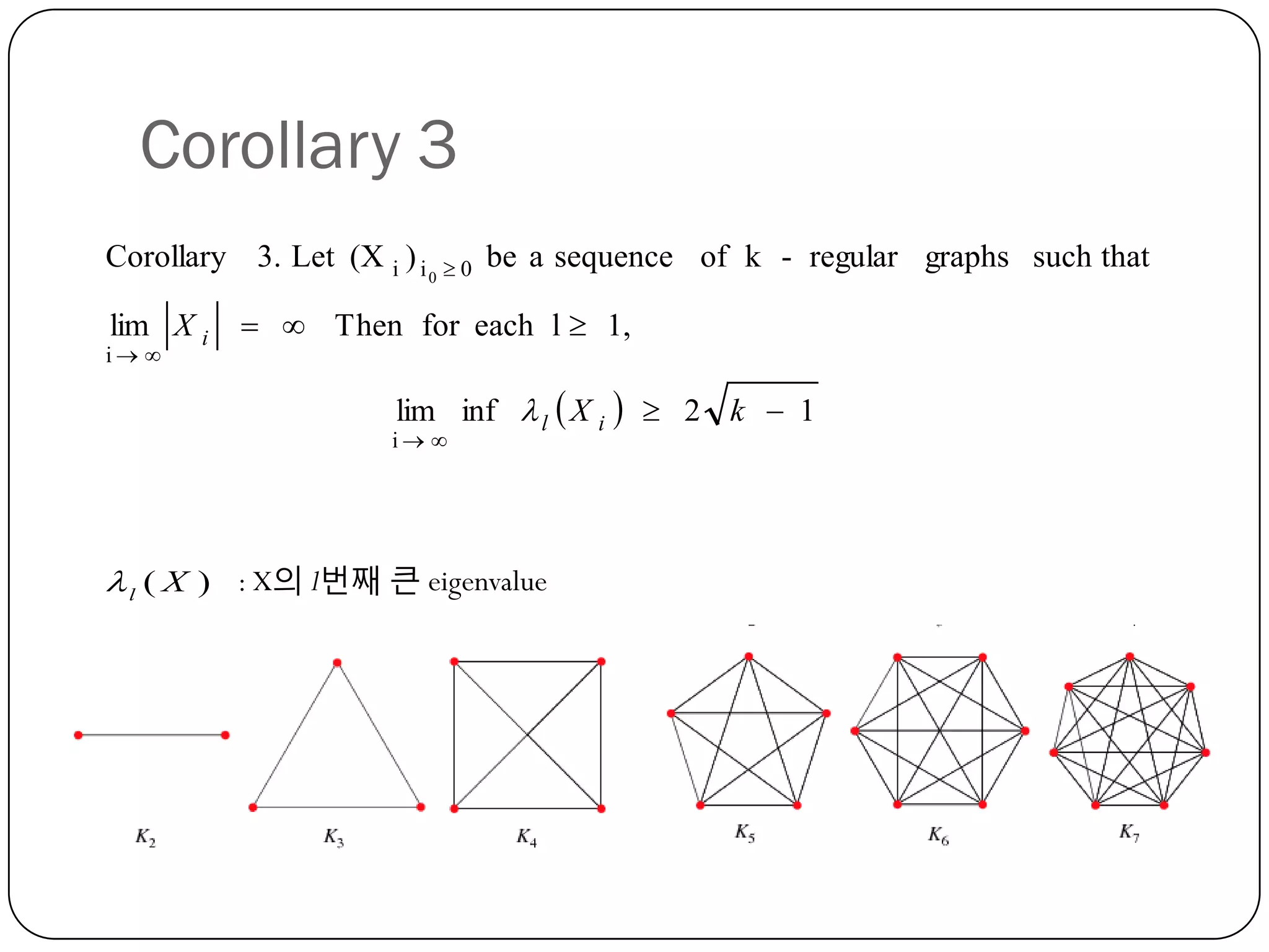 Corollary 3
Corollary 3. Let (X i ) i
lim X i

i 

0

0

be a sequence of k - regular graphs such that

  Then for each l  1,
lim inf  l  X i   2 k  1

i 

 l ( X ) : X의 l번째 큰 eigenvalue

 
