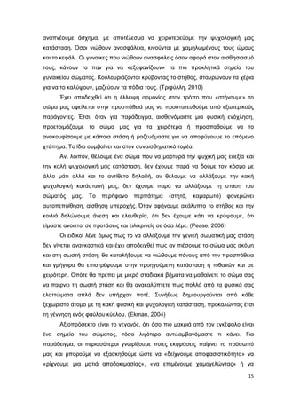 αναπνέουµε άσχηµα, µε αποτέλεσµα να χειροτερεύοµε την ψυχολογική µας
κατάσταση. Όσοι νιώθουν ανασφάλεια, κινούνται µε χαµηλωµένους τους ώµους
και το κεφάλι. Οι γυναίκες που νιώθουν ανασφαλείς όσον αφορά στον αισθησιασµό
τους, κάνουν το παν για να «εξαφανίζουν» τα πιο προκλητικά σηµεία του
γυναικείου σώµατος. Κουλουριάζονται κρύβοντας το στήθος, σταυρώνουν τα χέρια
για να το καλύψουν, µαζεύουν τα πόδια τους. (Τριφύλλη, 2010)
Έχει αποδειχθεί ότι η έλλειψη αρµονίας στον τρόπο που «στήνουµε» το
σώµα µας οφείλεται στην προσπάθειά µας να προστατευθούµε από εξωτερικούς
παράγοντες. Έτσι, όταν για παράδειγµα, αισθανόµαστε µια φυσική ενόχληση,
προετοιµάζουµε το σώµα µας για τα χειρότερα ή προσπαθούµε να το
ανακουφίσουµε µε κάποια στάση ή µαζευόµαστε για να αποφύγουµε το επόµενο
χτύπηµα. Το ίδιο συµβαίνει και στον συναισθηµατικό τοµέα.
Αν, λοιπόν, θέλουµε ένα σώµα που να µαρτυρά την ψυχική µας ευεξία και
την καλή ψυχολογική µας κατάσταση, δεν έχουµε παρά να δούµε τον κόσµο µε
άλλο µάτι αλλά και το αντίθετο δηλαδή, αν θέλουµε να αλλάξουµε την κακή
ψυχολογική κατάστασή µας, δεν έχουµε παρά να αλλάξουµε τη στάση του
σώµατός

µας.

Το

περήφανο

περπάτηµα

(στητό,

καµαρωτό)

φανερώνει

αυτοπεποίθηση, αίσθηση υπεροχής. Όταν αφήνουµε ακάλυπτο το στήθος και την
κοιλιά δηλώνουµε άνεση και ελευθερία, ότι δεν έχουµε κάτι να κρύψουµε, ότι
είµαστε ανοικτοί σε προτάσεις και ειλικρινείς σε όσα λέµε. (Pease, 2006)
Οι ειδικοί λένε όµως πως το να αλλάξουµε την γενική σωµατική µας στάση
δεν γίνεται αναγκαστικά και έχει αποδειχθεί πως αν πιέσουµε το σώµα µας ακόµη
και στη σωστή στάση, θα καταλήξουµε να νιώθουµε πόνους από την προσπάθεια
και γρήγορα θα επιστρέψουµε στην προηγούµενη κατάσταση ή πιθανών και σε
χειρότερη. Οπότε θα πρέπει µε µικρά σταδιακά βήµατα να µαθαίνετε το σώµα σας
να παίρνει τη σωστή στάση και θα ανακαλύπτετε πως πολλά από τα φυσικά σας
ελαττώµατα απλά δεν υπήρχαν ποτέ. Συνήθως δηµιουργούνται από κάθε
ξεχωριστό άτοµο µε τη κακή φυσική και ψυχολογική κατάσταση, προκαλώντας έτσι
τη γέννηση ενός φαύλου κύκλου. (Ekman, 2004)
Αξιοπρόσεκτο είναι το γεγονός, ότι όσο πιο µακριά από τον εγκέφαλο είναι
ένα σηµείο του σώµατος, τόσο λιγότερο αντιλαµβανόµαστε τι κάνει. Για
παράδειγµα, οι περισσότεροι γνωρίζουµε ποιες εκφράσεις παίρνει το πρόσωπό
µας και µπορούµε να εξασκηθούµε ώστε να «δείχνουµε αποφασιστικότητα» να
«ρίχνουµε µια µατιά αποδοκιµασίας», «να επιµένουµε χαµογελώντας» ή να
15

 