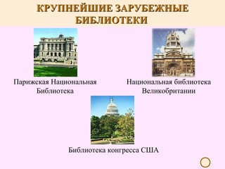 КРУПНЕЙШИЕ ЗАРУБЕЖНЫЕ
БИБЛИОТЕКИ

Парижская Национальная
Библиотека

Национальная библиотека
Великобритании

Библиотека конгресса США

 